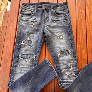 Rare Make of Crysp Denim Distressed Ripped Slim Fit Moto Jeans Blue Denim 32x32